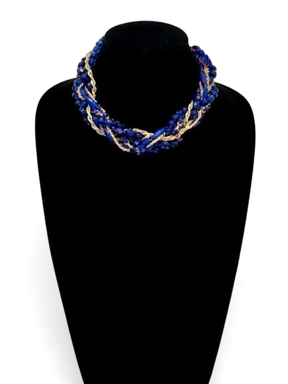 LOFT Blue and Gold Multistrand Braided Beaded Statement Collar Necklace NWT